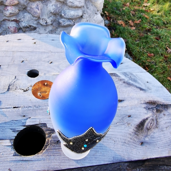 Vintage Blue Ombre Frosted Satin Art Glass Vase with Applied Metal Accents - Picture 5 of 17